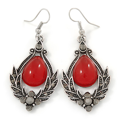 Victorian Style Red Glass, Hematite Crystal Drop Earrings In Silver Tone - 55mm L