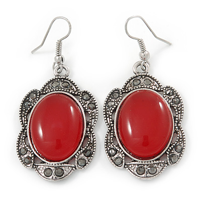 Victorian Style Red Resin Stone Oval Drop Earrings In Burnt Silver Tone - 50mm L