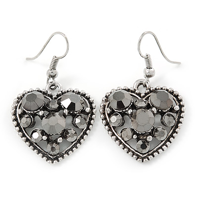 Hematite Crystal Heart Drop Earrings In Silver Tone - 40mm L