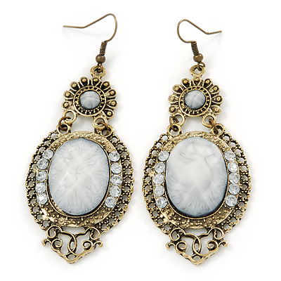 Victorian Style Dusty White Acrylic Bead, Crystal Chandelier Earrings In Antique Gold Tone - 80mm L