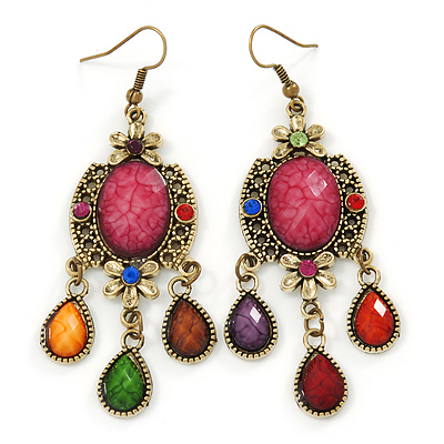 Multicoloured Acrylic Bead Chandelier Earrings In Antique Gold Tone - 75mm L - main view