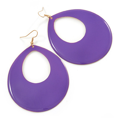 Large Purple Enamel Oval Hoop Earrings In Gold Tone - 85mm L