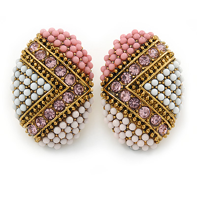 Boho Style Pink/ White/ Pale Pink Beaded Oval Stud Earrings In Gold Tone - 25mm L
