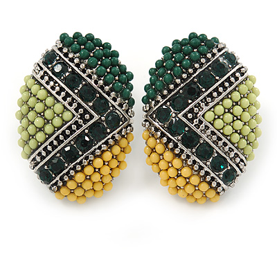 Boho Style Green/ Yellow/ Lime Beaded Oval Stud Earrings In Silver Tone - 25mm L - main view