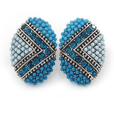 Boho Style Blue/ Teal/ Light Blue Beaded Oval Stud Earrings In Silver Tone - 25mm L