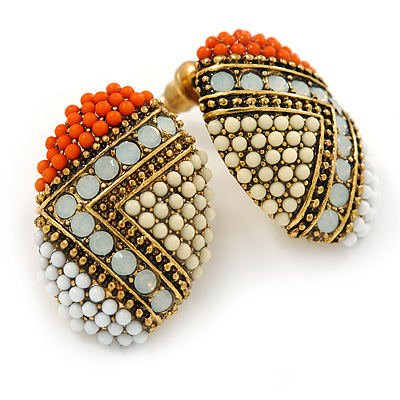 Boho Style Orange/ Cream/ White Beaded Oval Stud Earrings In Gold Tone - 25mm L