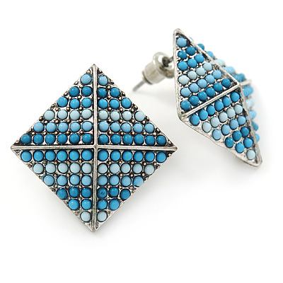 Boho Style Blue/ Light Blue/ Pale Blue Beaded Square Stud Earrings In Silver Tone - 25mm