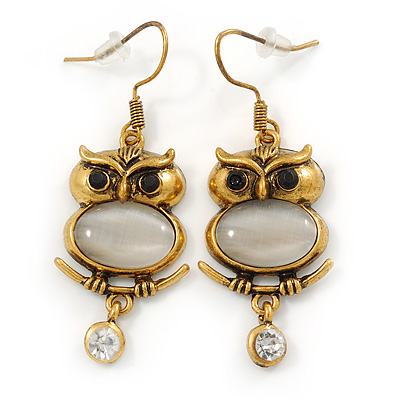 Antique Gold Tone Crystal Owl Drop Earrings - 50mm L