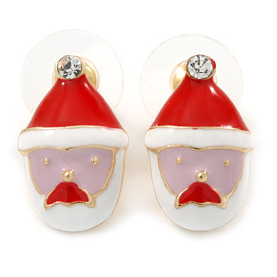 Red/ White/ Pink Enamel 'Christmas Santa Claus' Stud Earrings In Gold Plating - 20mm Length