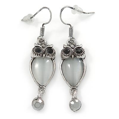Burnt Silver Crystal Owl Drop Earrings - 50mm L
