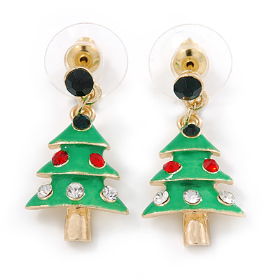 Green Enamel Crystal Christmas Tree Drop Earrings In Gold Plating - 27mm Length