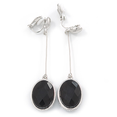 Black, Oval, Faceted, Glass Stone Metal Bar Drop Clip On Earrings In Silver Tone - 65mm L
