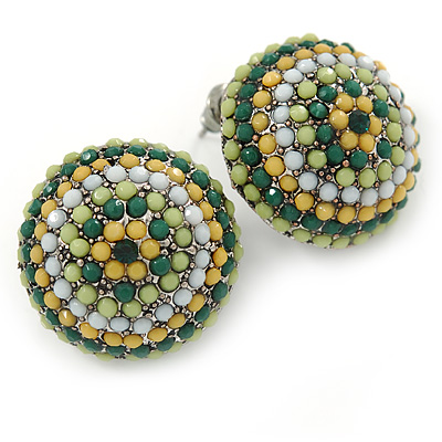 Boho Style Green/ Yellow/ White Beaded Dome Stud Earrings In Silver Tone - 22mm - main view