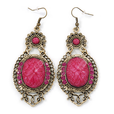 Victorian Style Magenta Acrylic Bead, Crystal Chandelier Earrings In Antique Gold Tone - 80mm L