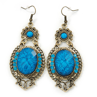 Victorian Style Blue Acrylic Bead, Crystal Chandelier Earrings In Antique Gold Tone - 80mm L