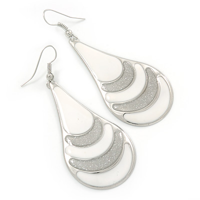 White Enamel With Glitter Teardrop Earrings In Silver Tone - 65mm L