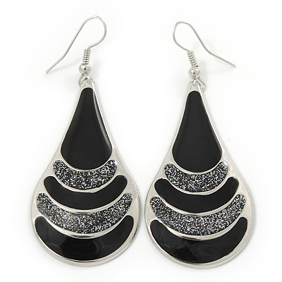 Black Enamel With Glitter Teardrop Earrings In Silver Tone - 65mm L