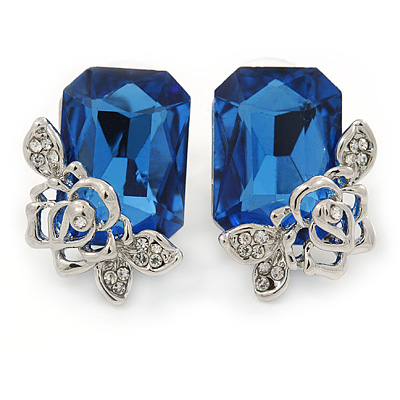 Blue Square Glass with Rose Motif Stud Earrings In Rhodium Plating - 25mm L