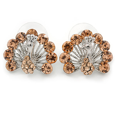 Champagne Crystal Peacock Stud Earrings In Rhodium Plating - 20mm