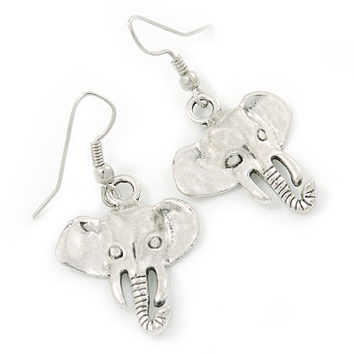 Elephant Head Drop Earrings In Silver Tone - 40mm L