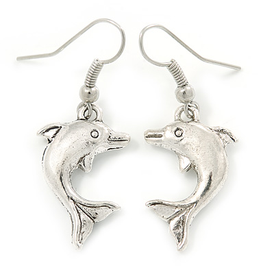 Silver Tone Dolphin Drop Earrings - 40mm L