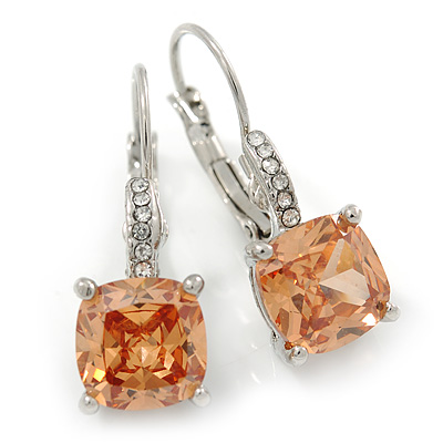 Pear Cut Champagne CZ/ Clear Crystal Drop Earrings In Rhodium Plating With Leverback Closure - 30mm L