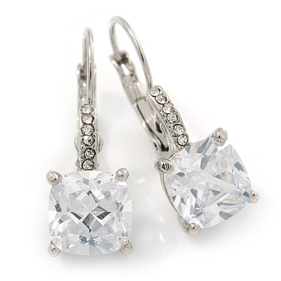 Pear Cut Clear CZ, Crystal Drop Earrings In Rhodium Plating With Leverback Closure - 30mm L