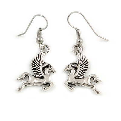 Small Pegasus the Winged Horse Drop Earrings In Silver Tone - 40mm L