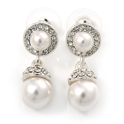 Bridal/ Wedding White Glass Pearl, Clear Crystal Ball Drop Earrings In Rhodium Plating - 30mm L