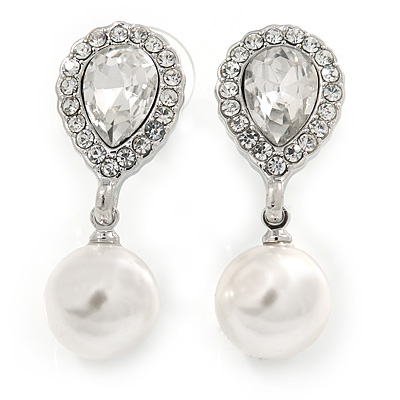 Bridal Wedding Prom Glass Pearl, Crystal Teardrop Earrings In Rhodium Plating - 30mm L - main view