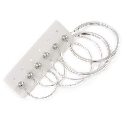 Versatile Set Of 3 Pair Hoop 60mm, 60mm, 35mm & 3 Pair Of 8mm Ball Stud Earrings In Silver Tone