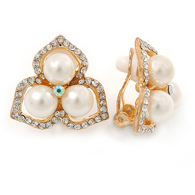 Clear Crystal, Glass Pearl Three Petal Flower Clip On Earrings In Gold Tone - 20mm L