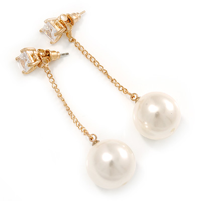 Gold Tone Clear Crystal  Front and Chain With 13mm Cream Pearl Drop  Earrings - 60mm L - main view