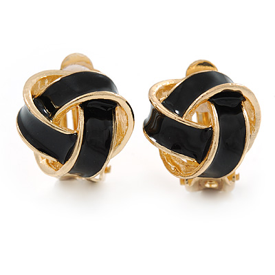 Black Enamel Knot Clip On Earrings In Gold Plating - 17mm L - main view