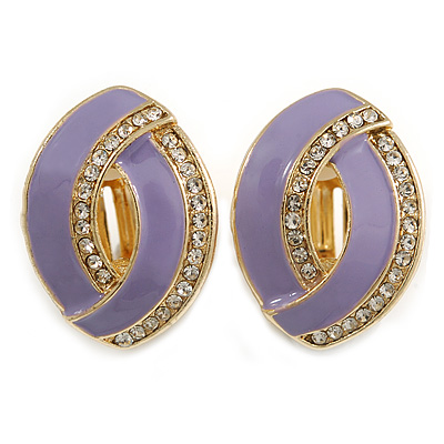 Lavender Enamel Clear Crystal Oval Clip On Earrings In Gold Plaiting - 23mm L