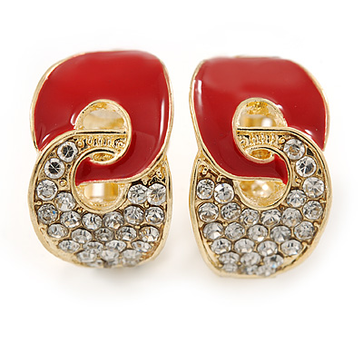 Gold Plated, Red Enamel, Clear Crystal Infinity Clip On Earrings - 20mm L