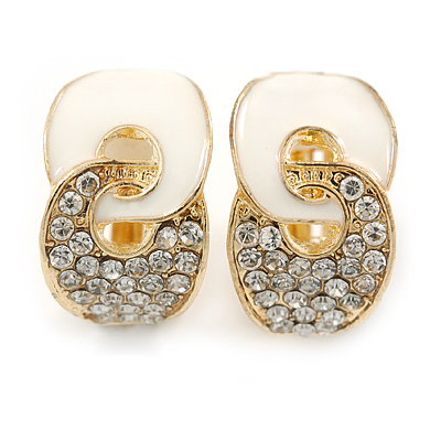 Gold Plated, White Enamel, Clear Crystal Infinity Clip On Earrings - 20mm L