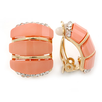 C Shape Salmon Pink  Acrylic, Clear Crystal Clip On Earrings In Gold Plating - 20mm L