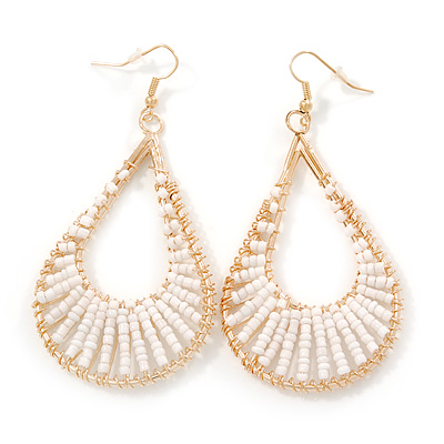 Teardrop Wired Earrings with White Glass Beads In Gold Plating - 80mm L