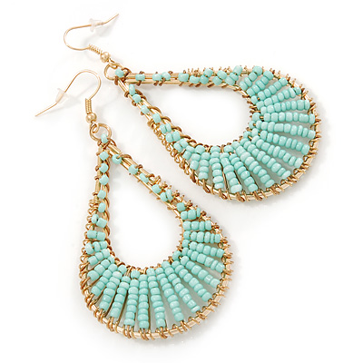 Teardrop Wired Earrings with Aqua Blue Glass Beads In Gold Plating - 80mm L - main view