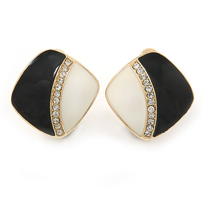 Black/ Cream Enamel Crystal Square Clip On Earrings In Gold Plating - 20mm - main view
