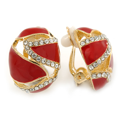 Oval Red Enamel, Clear Crystal Clip On Earrings In Gold Plating - 20mm L