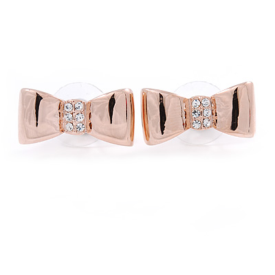 Gold Plated Crystal Bow Stud Earrings - 20mm W