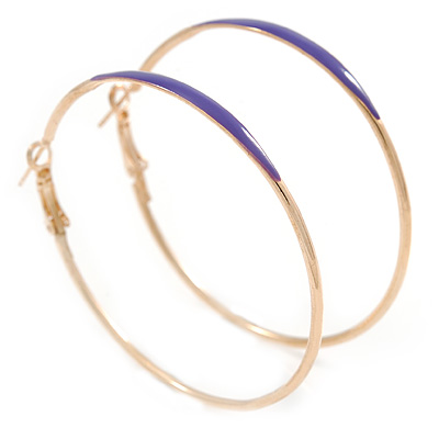 60mm Large Slim Purple Enamel Hoop Earrings In Gold Tone