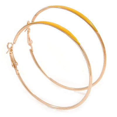 60mm Large Slim Yellow Enamel Hoop Earrings In Gold Tone
