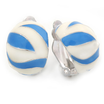 C Shape Light Cream/ Light Blue Enamel Clip On Earrings In Silver Tone - 20mm L