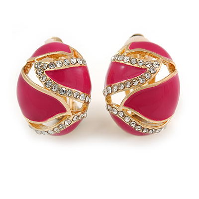 Oval Magenta Pink Enamel, Clear Crystal Clip On Earrings In Gold Plating - 20mm L