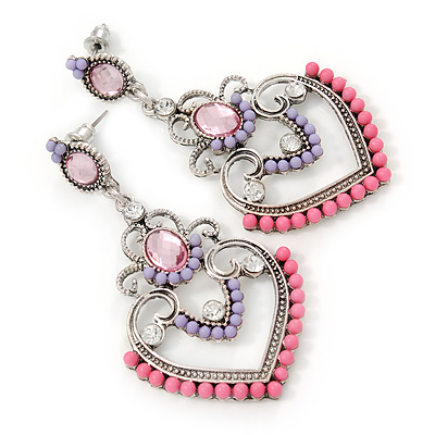 Lavender/ Pink Acrylic Bead, Clear Crystal Chandelier Earrings In Silver Tone - 60mm L