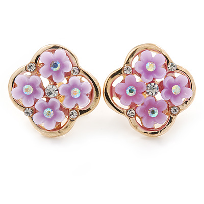 Gold Tone Light Purple Acrylic, Clear Crystal Floral Stud Earrings - 16mm