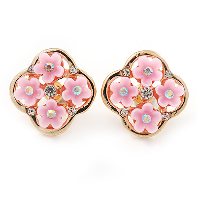 Gold Tone Pink Acrylic, Clear Crystal Floral Stud Earrings - 16mm